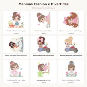 Kit Matrizes de Bordado Meninas na Praia Moto e Jardim