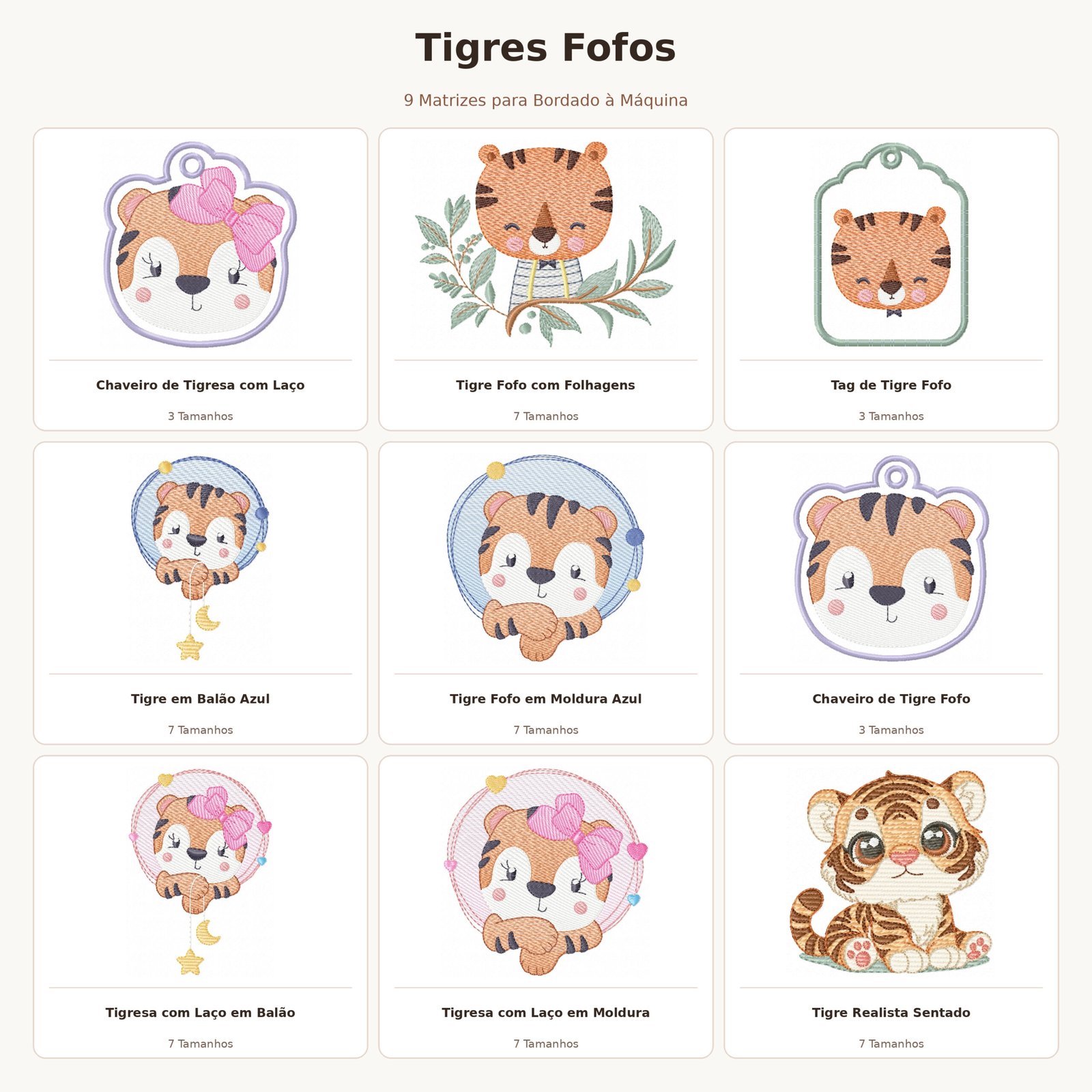 Kit Matrizes de Bordado Tigres com Balões e Chaveiros