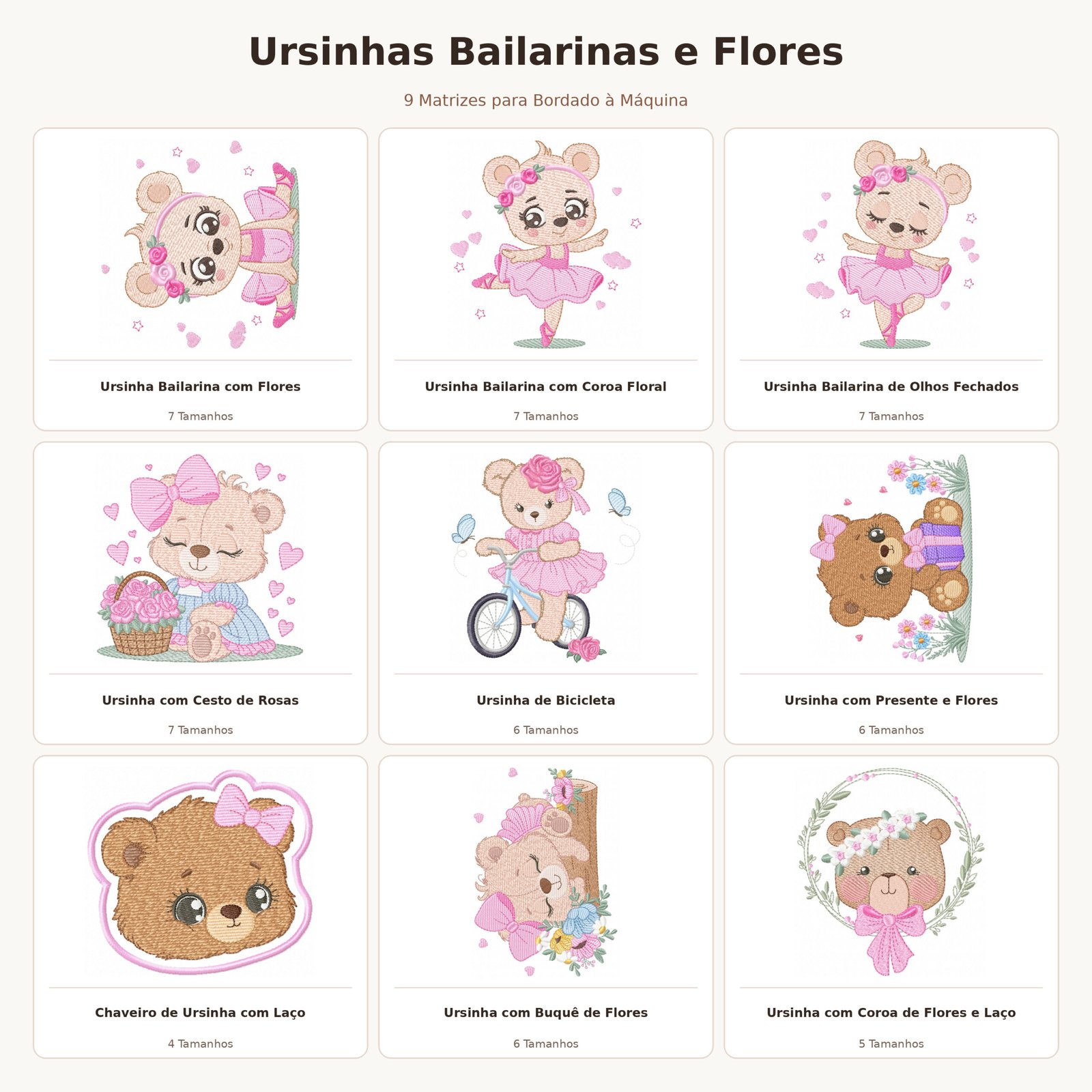 Kit Matrizes de Bordado Ursinhas Bailarinas e Flores
