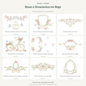 Coleção de Matrizes de Rosas e Ornamentos em Bege