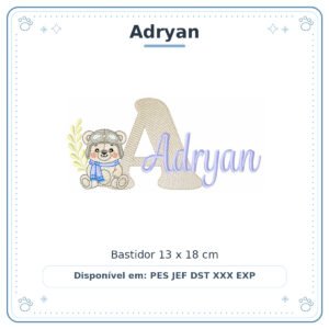 Matriz de Bordado Nome Adryan Ursinho Menino Baby Sobreposto 13x18