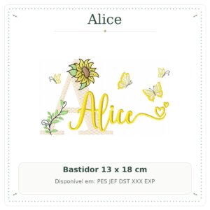 Matriz de Bordado Nome Alice Menina Girassol Delicada 13x18