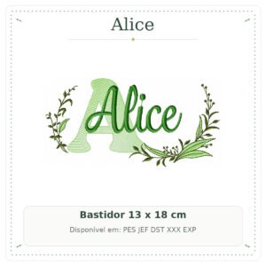 Matriz de Bordado Nome Alice Folhas e Ramos Sobreposto 13x18