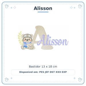 Matriz de Bordado Nome Alisson Ursinho Menino Baby Sobreposto 13x18