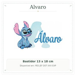 Matriz de Bordado Nome Alvaro Stitch Sobreposto 13x18