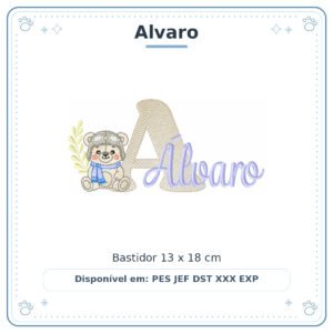 Matriz de Bordado Nome Alvaro Ursinho Menino Baby Sobreposto 13x18