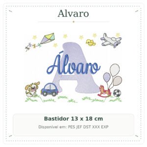 Matriz de Bordado Nome Alvaro Cavalinhos com Pipa 13x18