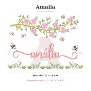 Matriz de Bordado Nome Amalia Jardim e Abelhas 13x18