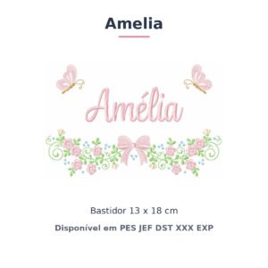 Matriz de Bordado Nome Amelia Laços e Borboletas 2 13x18