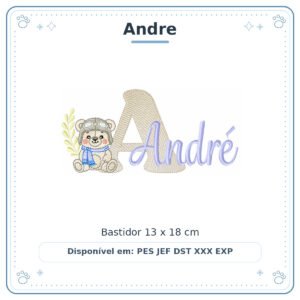 Matriz de Bordado Nome Andre Ursinho Menino Baby Sobreposto 13x18