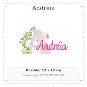 Matriz de Bordado Nome Andreia Patinha com Borboleta 13x18