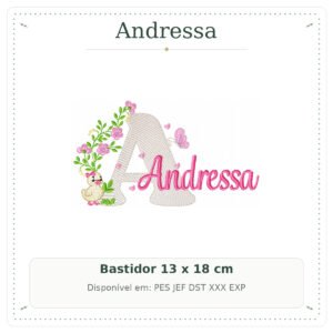Matriz de Bordado Nome Andressa Patinha com Borboleta 13x18