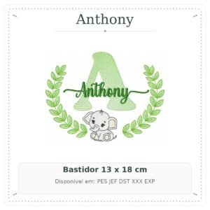 Matriz de Bordado Nome Anthony com Elefantinho Safari 13x18