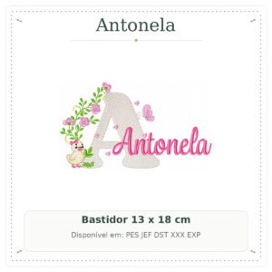 Matriz de Bordado Nome Antonela Patinha com Borboleta 13x18
