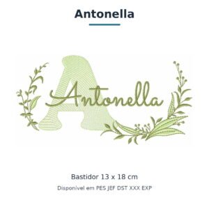 Matriz de Bordado Nome Antonella Ramos e Folhas 13x18