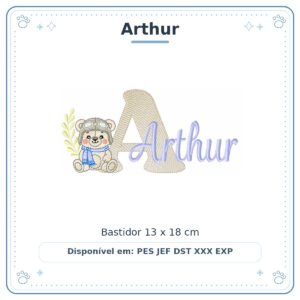 Matriz de Bordado Nome Arthur Ursinho Menino Baby Sobreposto 13x18