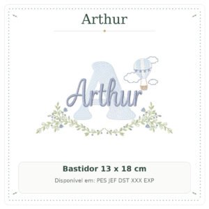 Matriz de Bordado Nome Arthur Balão e Nuvens com Raminho Delicado 13x18
