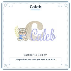 Matriz de Bordado Nome Caleb Ursinho Menino Baby Sobreposto 13x18