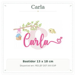 Matriz de Bordado Nome Carla Jardim de Pássaros e Galhos 13x18