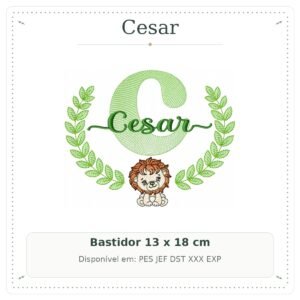 Matriz de Bordado Nome Cesar com Leão Safari 13x18
