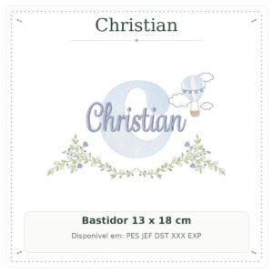 Matriz de Bordado Nome Christian Balão e Nuvens com Raminho Delicado 13x18