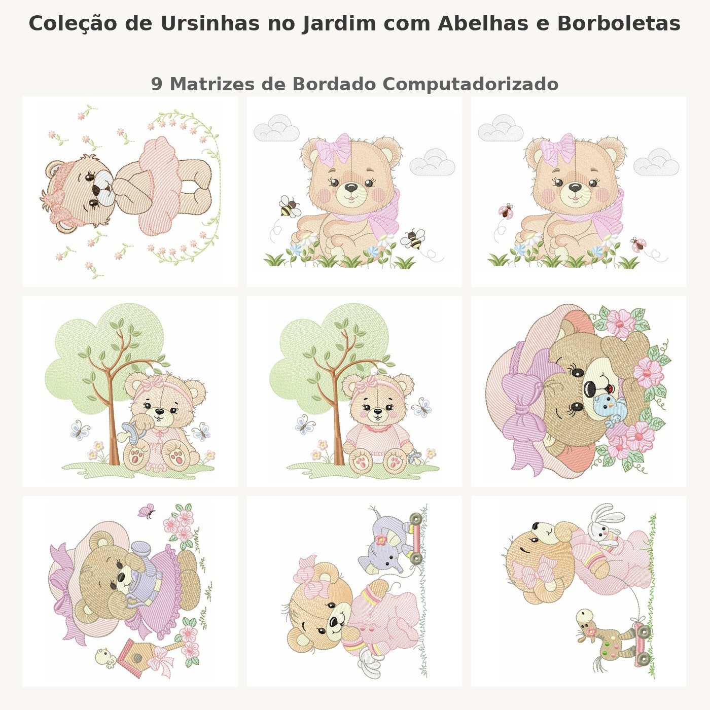 Coleção de Ursinhas no Jardim com Abelhas e Borboletas