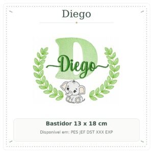 Matriz de Bordado Nome Diego com Elefantinho Safari 13x18