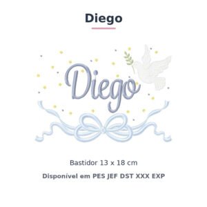 Matriz de Bordado Nome Diego Batizado Pomba Branca 13x18
