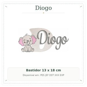 Matriz de Bordado Nome Diogo Safari Baby Elefantinho 13x18