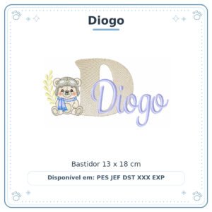 Matriz de Bordado Nome Diogo Ursinho Menino Baby Sobreposto 13x18