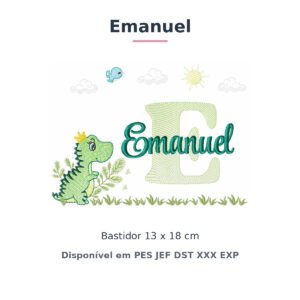 Matriz de Bordado Nome Emanuel Dino e Dinossauro 13x18