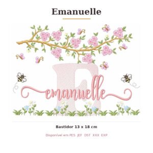 Matriz de Bordado Nome Emanuelle Jardim e Abelhas 13x18