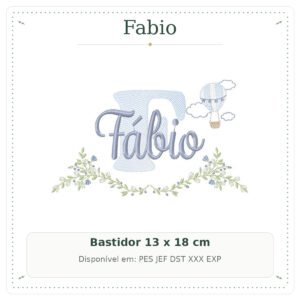 Matriz de Bordado Nome Fabio Balão e Nuvens com Raminho Delicado 13x18