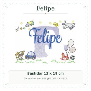 Matriz de Bordado Nome Felipe Cavalinhos com Pipa 13x18