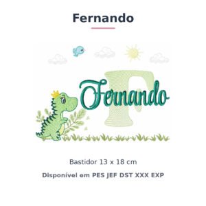 Matriz de Bordado Nome Fernando Dino e Dinossauro 13x18