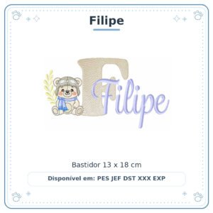 Matriz de Bordado Nome Filipe Ursinho Menino Baby Sobreposto 13x18