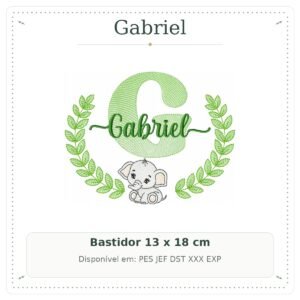 Matriz de Bordado Nome Gabriel com Elefantinho Safari 13x18