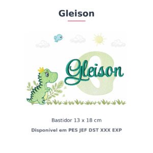 Matriz de Bordado Nome Gleison Dino e Dinossauro 13x18