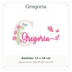 Matriz de Bordado Nome Gregoria Floral com Borboletas no Jardim 13x18