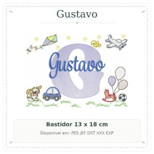 Matriz de Bordado Nome Gustavo Cavalinhos com Pipa 13x18