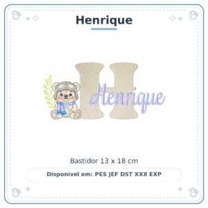Matriz de Bordado Nome Henrique Ursinho Menino Baby Sobreposto 13x18