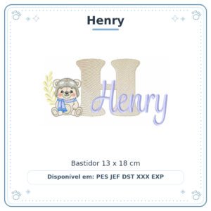 Matriz de Bordado Nome Henry Ursinho Menino Baby Sobreposto 13x18