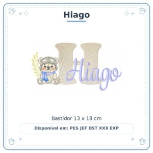 Matriz de Bordado Nome Hiago Ursinho Menino Baby Sobreposto 13x18