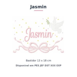 Matriz de Bordado Nome Jasmin Batizado Pomba Branca 13x18