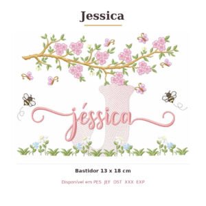 Matriz de Bordado Nome Jessica Jardim e Abelhas 13x18
