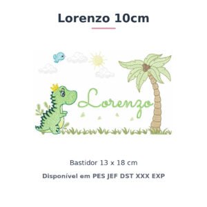 Matriz de Bordado Nome Lorenzo 10cm Dino e Dinossauro 13x18