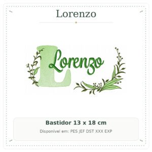 Matriz de Bordado Nome Lorenzo Folhas e Ramos Sobreposto 13x18
