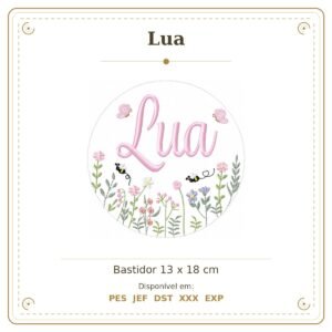 Matriz de Bordado Nome Lua Bastidor Feminino Jardim de Borboletas e Flores 13x18