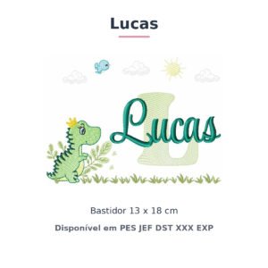 Matriz de Bordado Nome Lucas Dino e Dinossauro 13x18