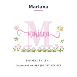 Matriz de Bordado Nome Mariana Jardim Flores e Pássaros 13x18